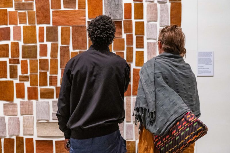Two people look at indigenous bark painting in gallery