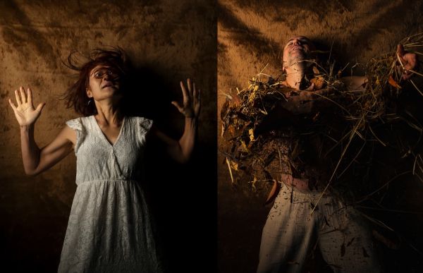 2 photos from the same shoot spliced together. On a left, aith a shocked expression and hands forward, hair across the face, a person a frilly white dress stands against a borown blanket. Shadowy on the right of the photograph.On the right, another person lying on a brown blanket wrestling with leaves and sticks and other natural items. The person is smiling.