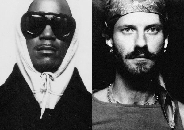 Black and white mashup of 2 photo of 2 people side by side. On the left a person in sunglasses wearing a white hoodie. On the right.a person in a beret with a dark moustache. 