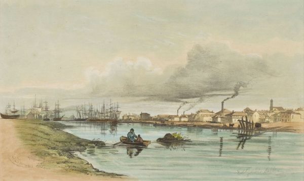 Russell and Mab Grimwade Collection_Edward Gilks, 'South of Yarra looking north-west of Melbourne', c.1853, colour lithograph