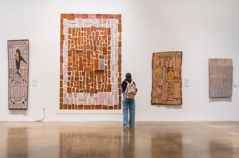A woman looks at a huge indigenous artwork in a gallery