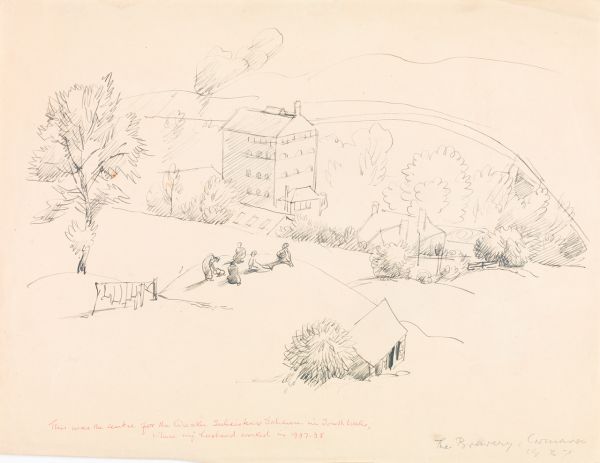 Ludwig Hirschfeld-Mack - 'The brewery, Chronavon, 1937, pencil on paper