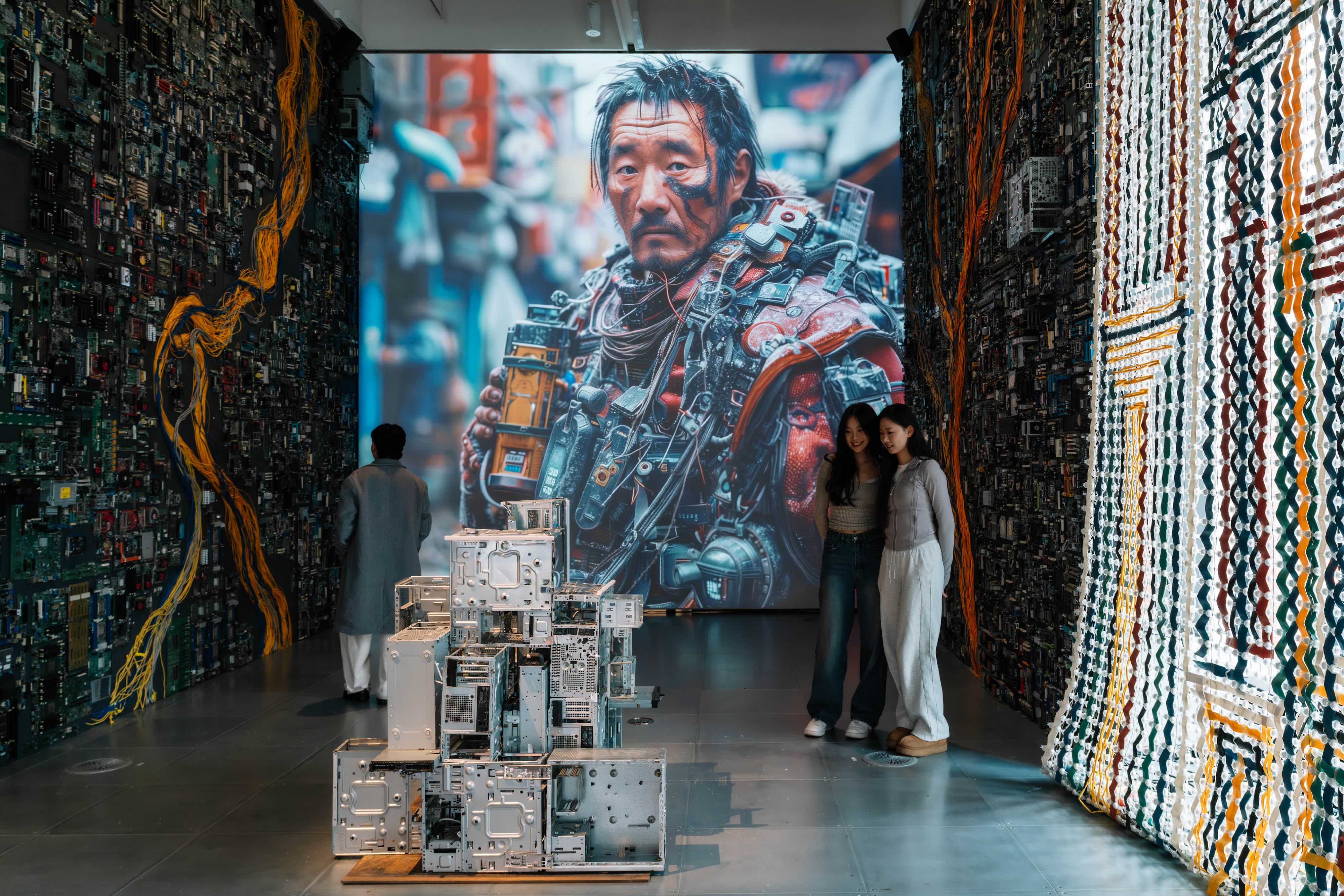 Three people walk in a gallery installation with a large screen behind and computer parts in front