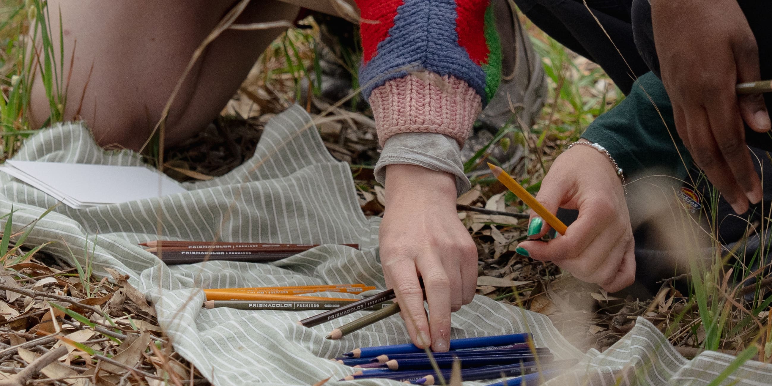 People select from a range of pencils on a cloth on the ground in the bush
